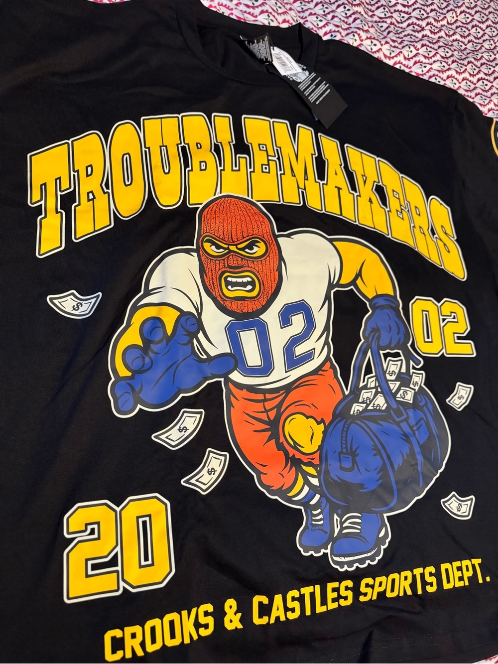 Crooks & Castles Black Tee with Yellow, Blue, Orange Graphic - Troublemakers